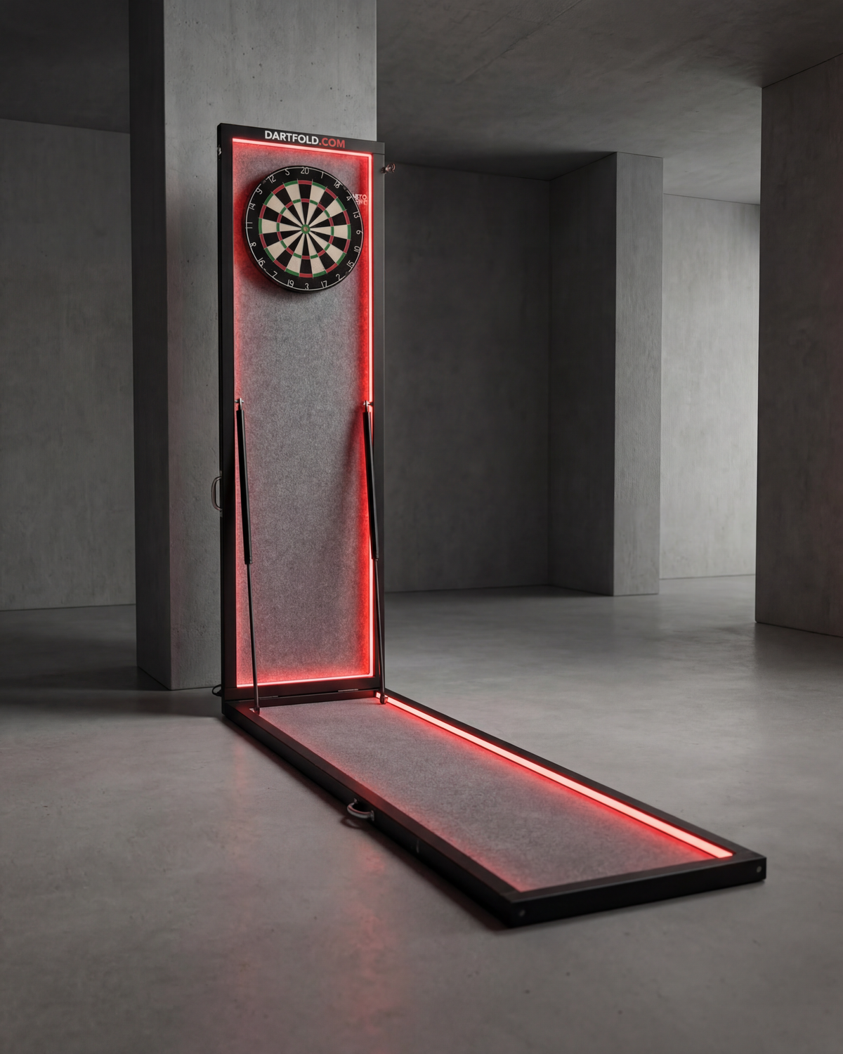 Dartfold LED inklapbare dartbaan uitgeklapt met verlichting